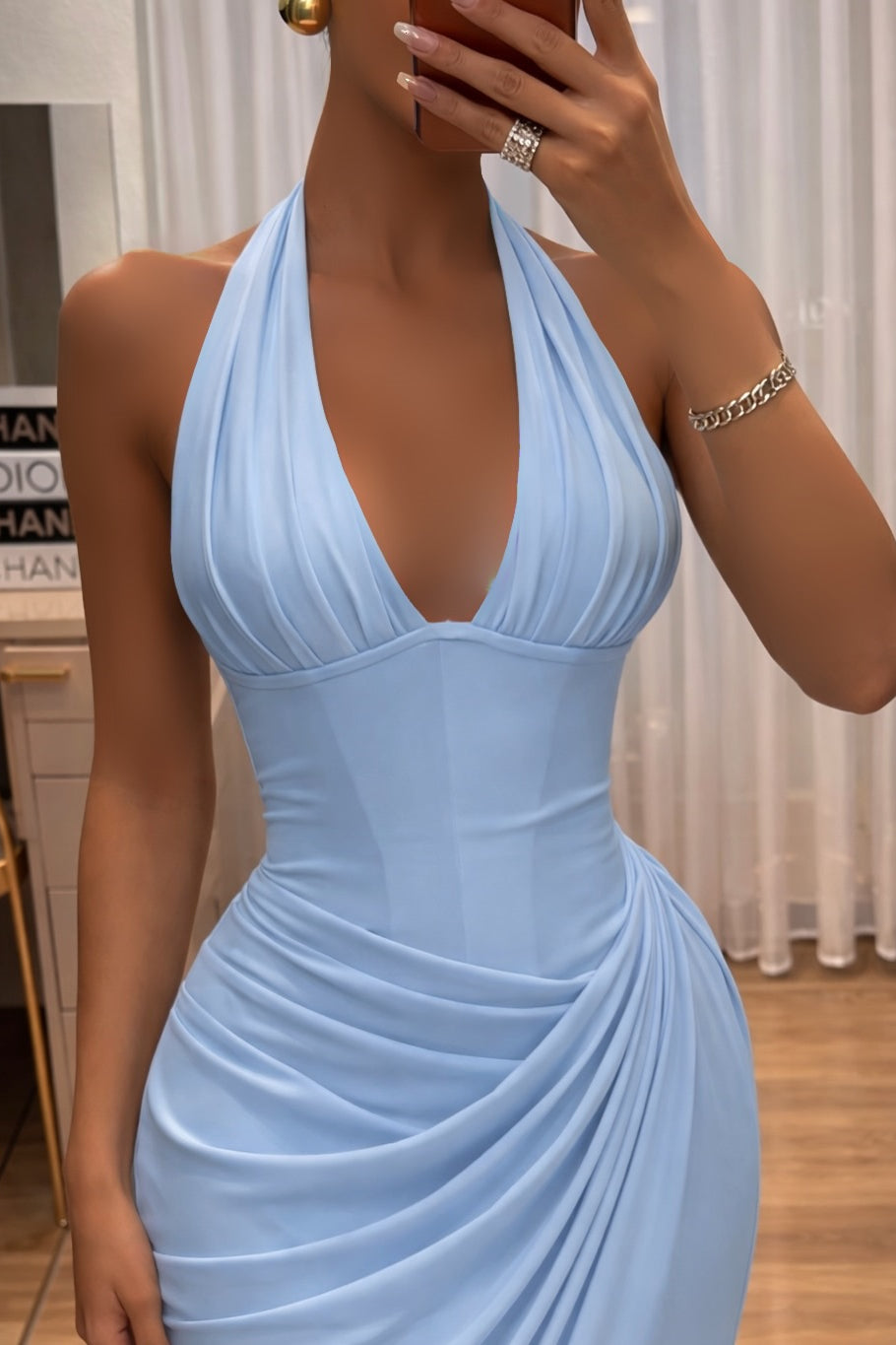 Timeless Sky Blue Halter V-Neck Sleeveless Satin Prom Dresses Mermaid With Pleats