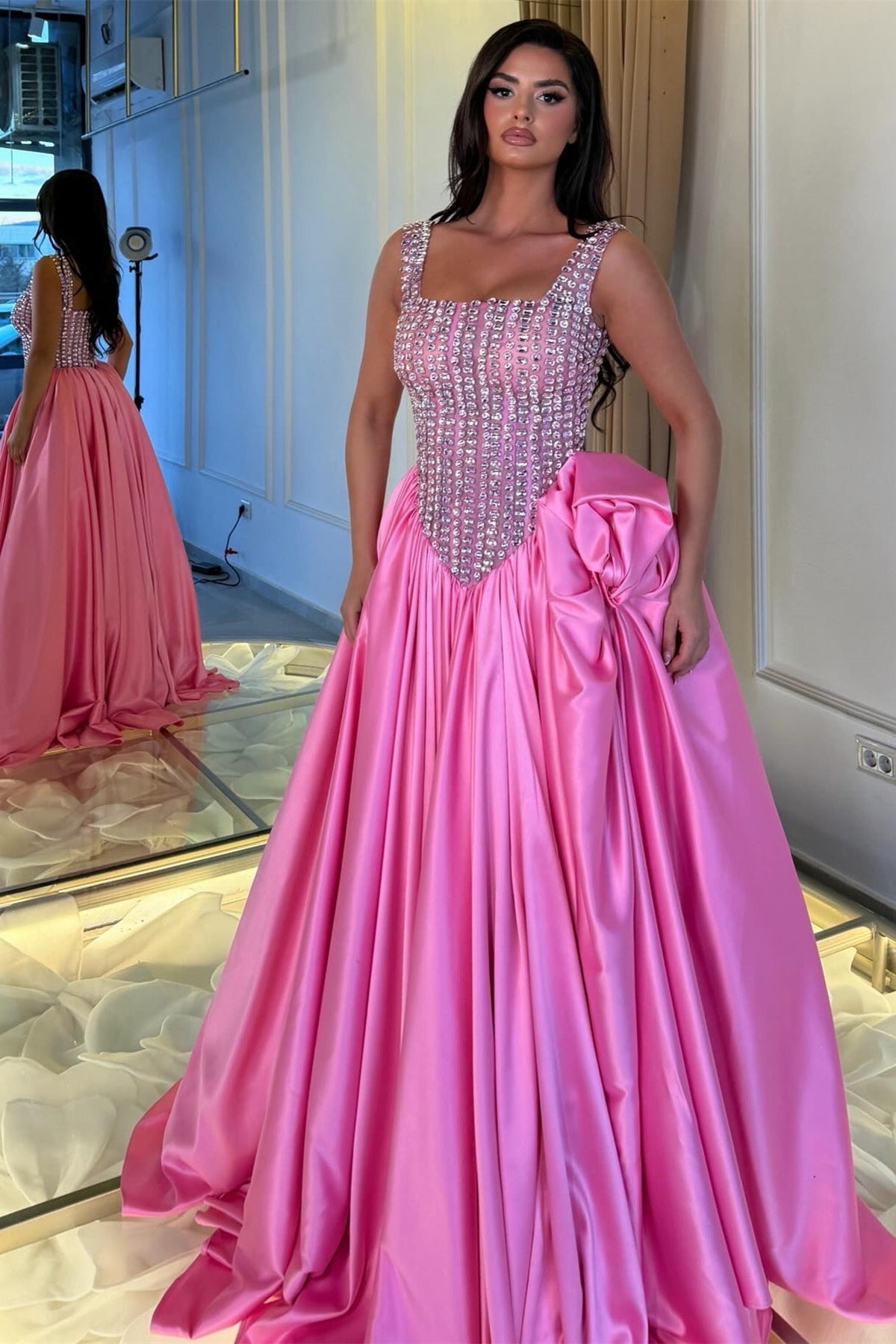 Dazzling Straps Sleeveless Satin Prom Dresses A-Line Gem With Pleats