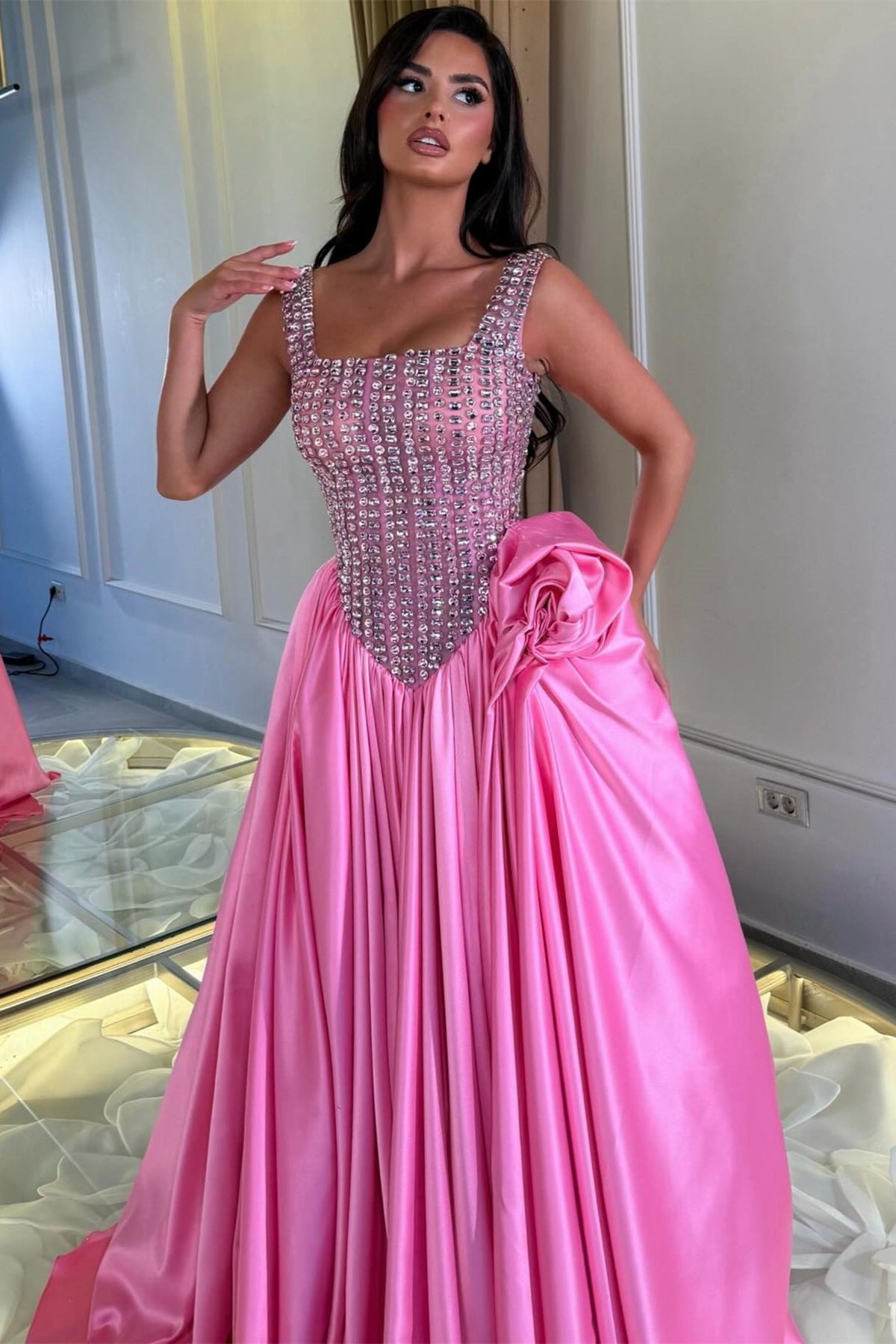 Dazzling Straps Sleeveless Satin Prom Dresses A-Line Gem With Pleats
