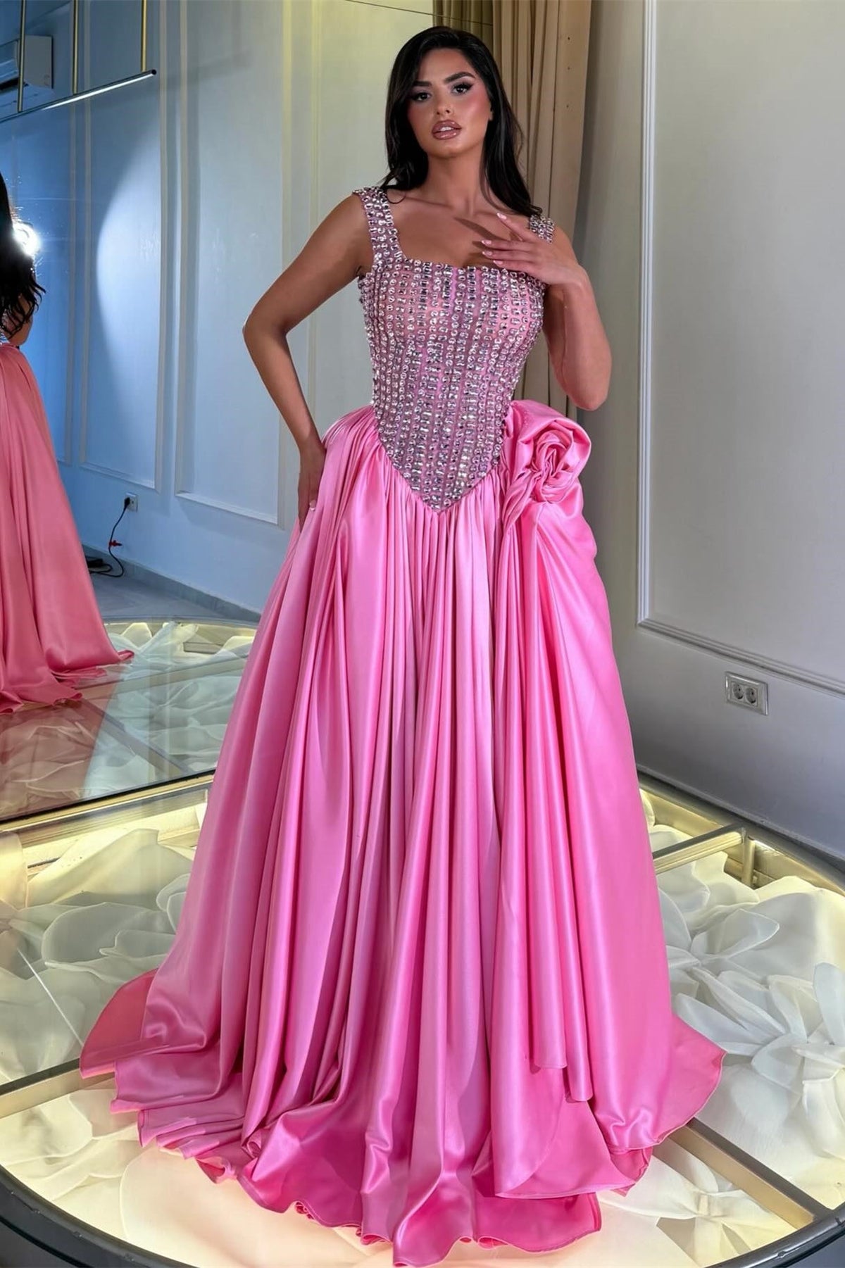 Dazzling Straps Sleeveless Satin Prom Dresses A-Line Gem With Pleats