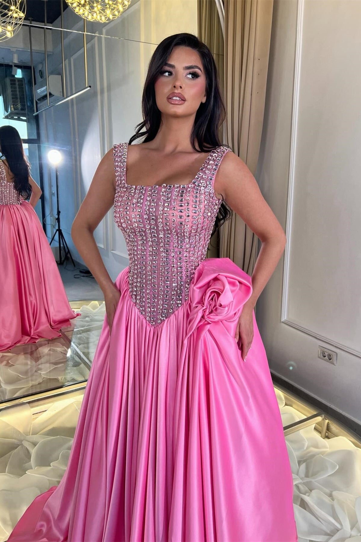 Dazzling Straps Sleeveless Satin Prom Dresses A-Line Gem With Pleats