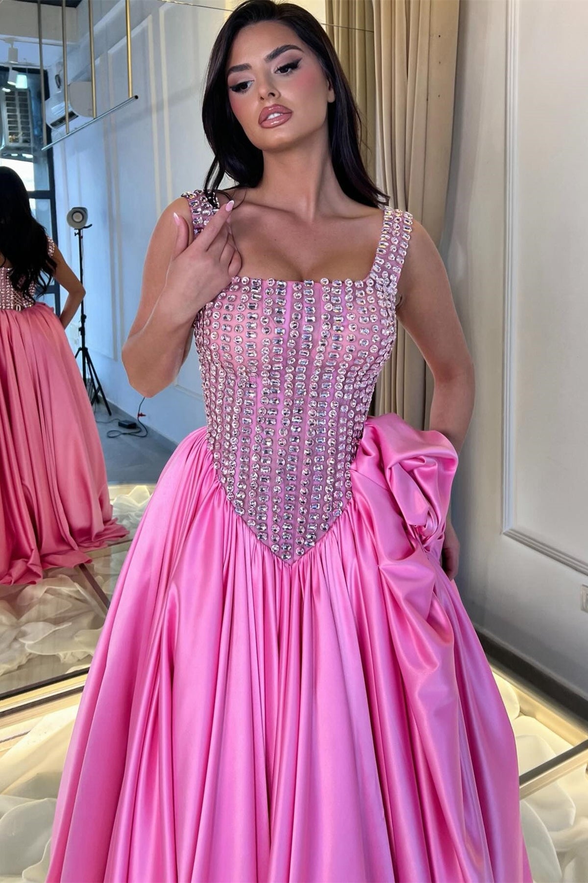 Dazzling Straps Sleeveless Satin Prom Dresses A-Line Gem With Pleats