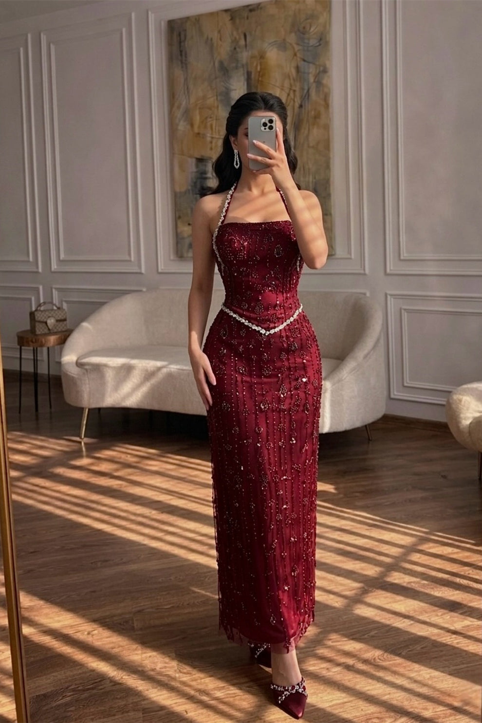 Sparkling Burgundy Halter Sleeveless Prom Dresses Sheath Gem With Beads