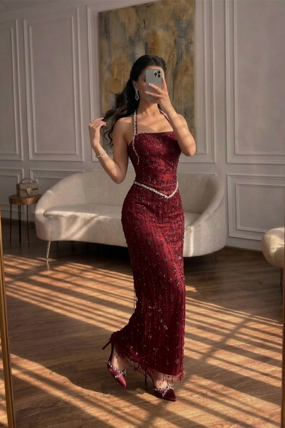 Sparkling Burgundy Halter Sleeveless Prom Dresses Sheath Gem With Beads