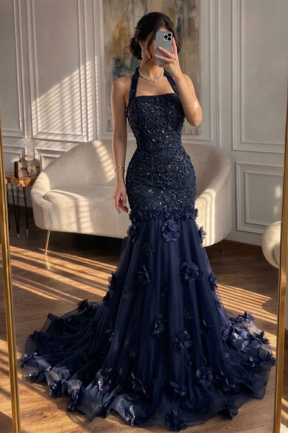 Romantic Dark Navy Halter Sleeveless Mermaid Prom Dresses Column With Beads Flower