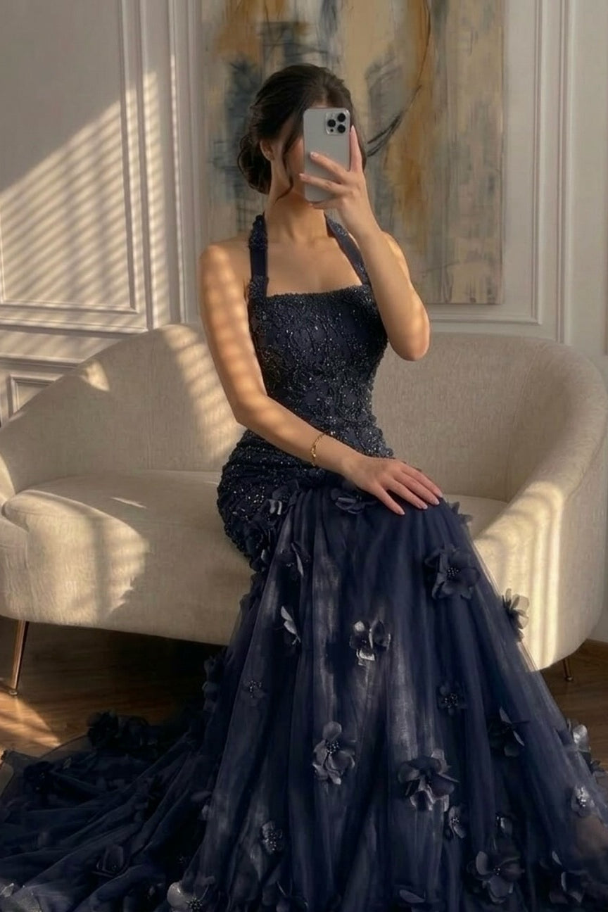 Romantic Dark Navy Halter Sleeveless Mermaid Prom Dresses Column With Beads Flower