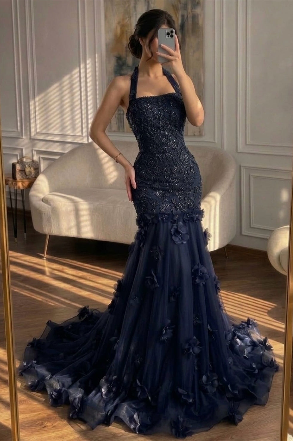 Romantic Dark Navy Halter Sleeveless Mermaid Prom Dresses Column With Beads Flower
