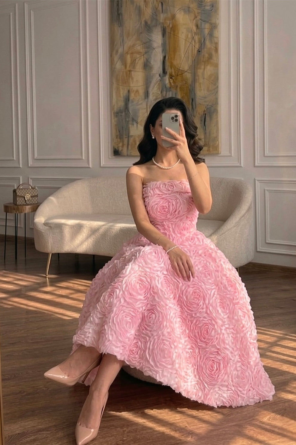 Elegant Pink Strapless Sleeveless A-Line Prom Dresses