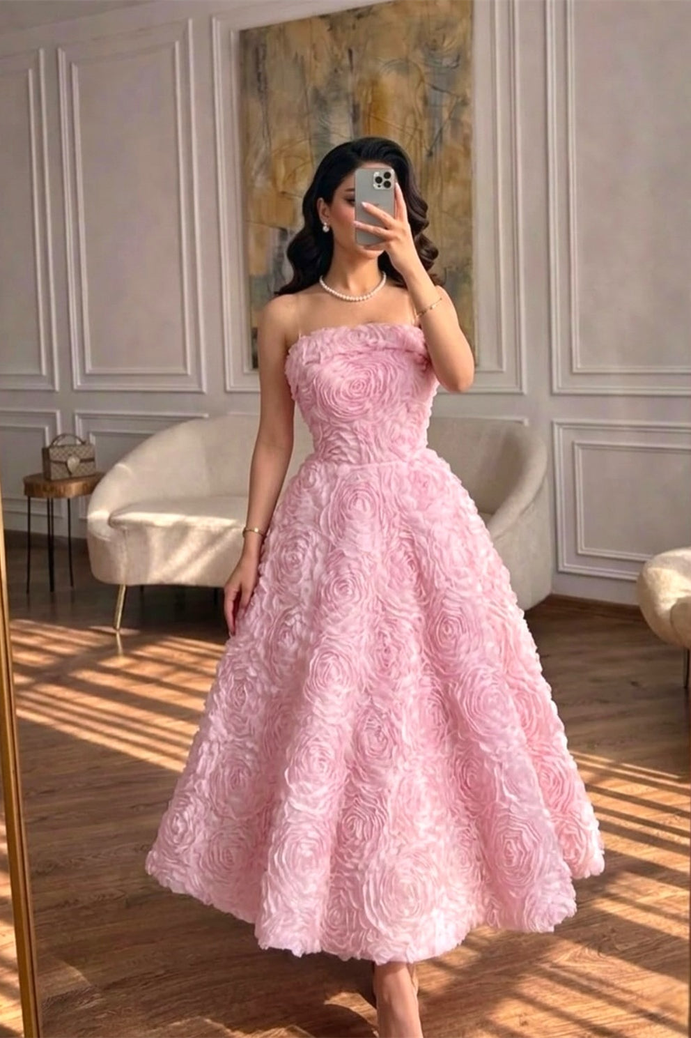 Elegant Pink Strapless Sleeveless A-Line Prom Dresses