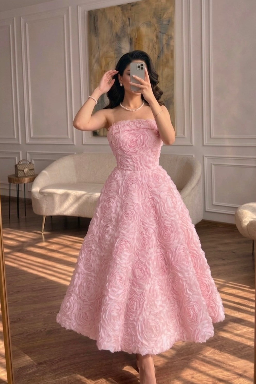 Elegant Pink Strapless Sleeveless A-Line Prom Dresses