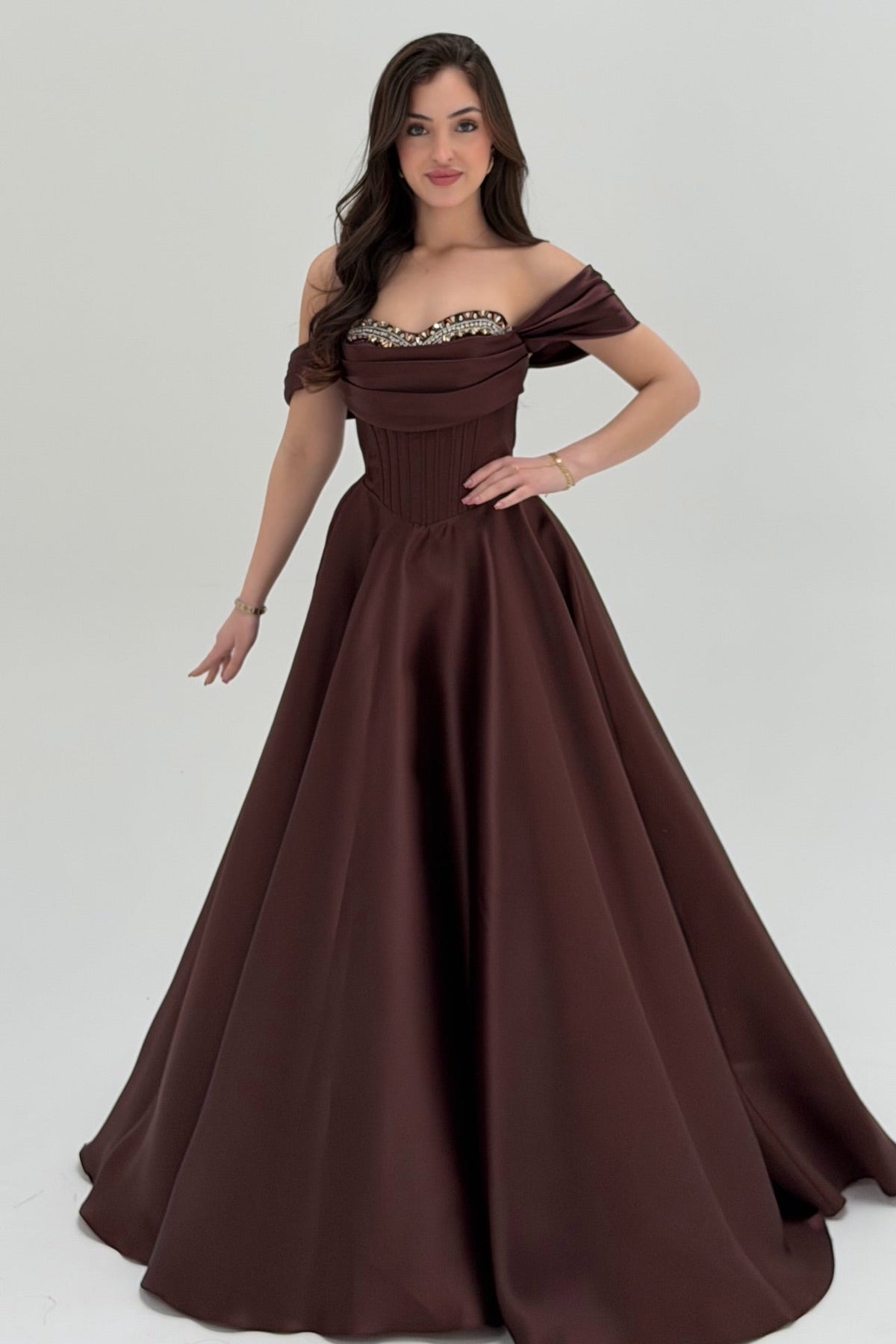 Graceful Chocolate Off-the-Shoulder Satin Prom Dresses A-Line Gem With Lace-Up Back