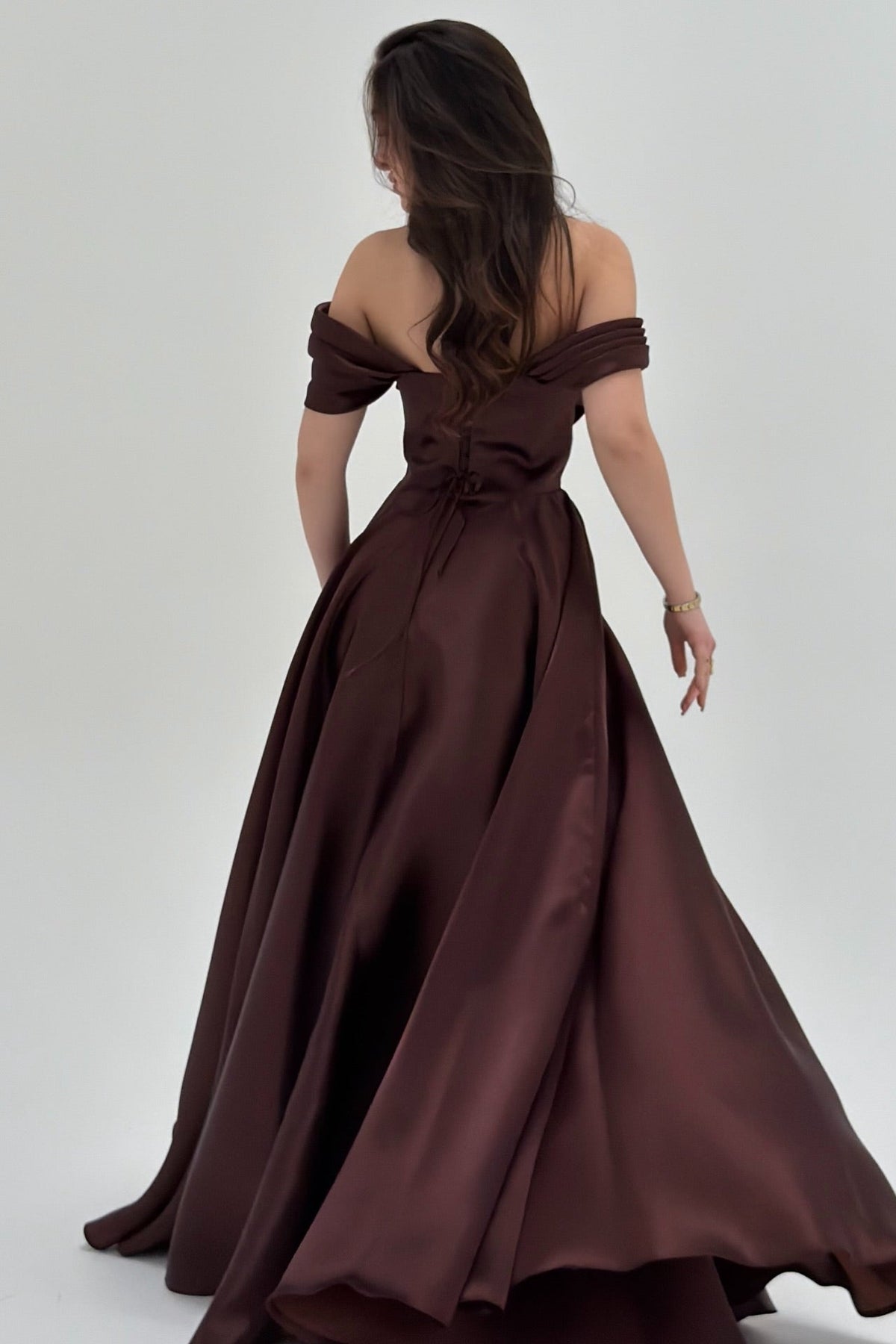 Graceful Chocolate Off-the-Shoulder Satin Prom Dresses A-Line Gem With Lace-Up Back