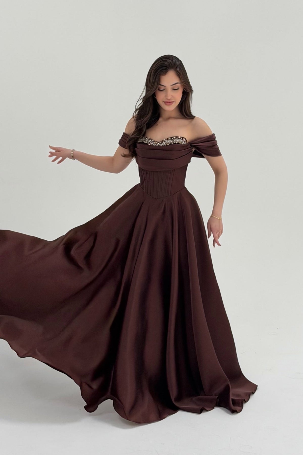 Graceful Chocolate Off-the-Shoulder Satin Prom Dresses A-Line Gem With Lace-Up Back