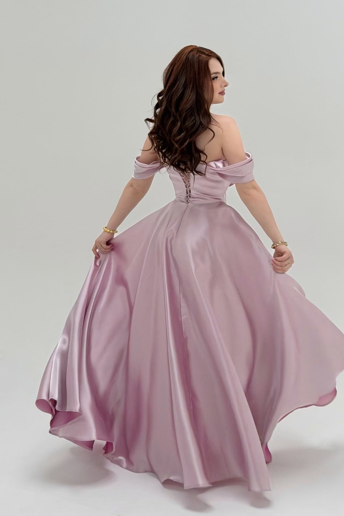 Graceful Chocolate Off-the-Shoulder Satin Prom Dresses A-Line Gem With Lace-Up Back