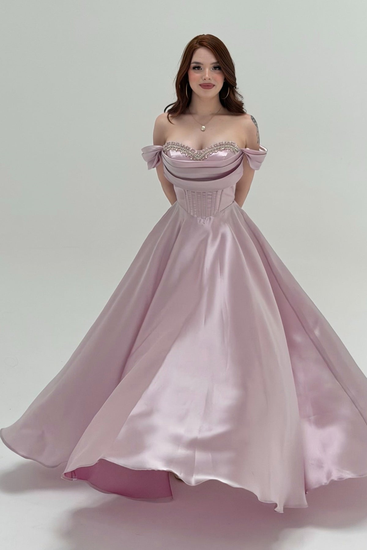 Graceful Chocolate Off-the-Shoulder Satin Prom Dresses A-Line Gem With Lace-Up Back