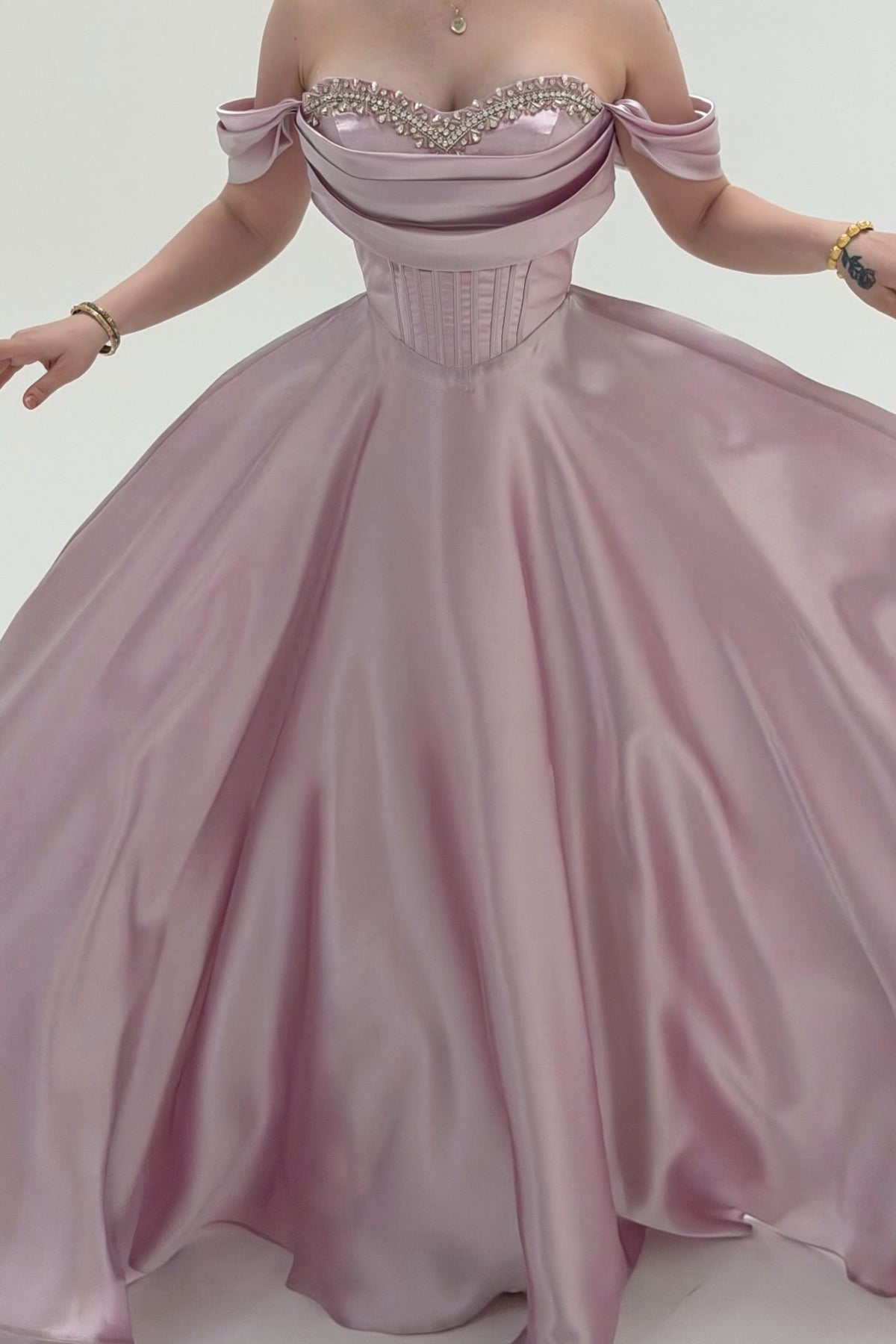 Graceful Chocolate Off-the-Shoulder Satin Prom Dresses A-Line Gem With Lace-Up Back