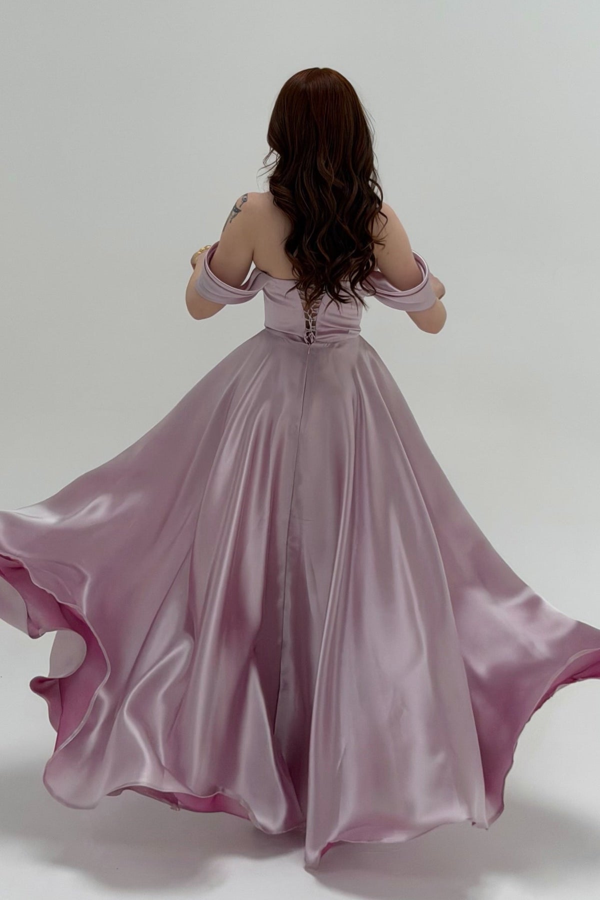 Graceful Chocolate Off-the-Shoulder Satin Prom Dresses A-Line Gem With Lace-Up Back