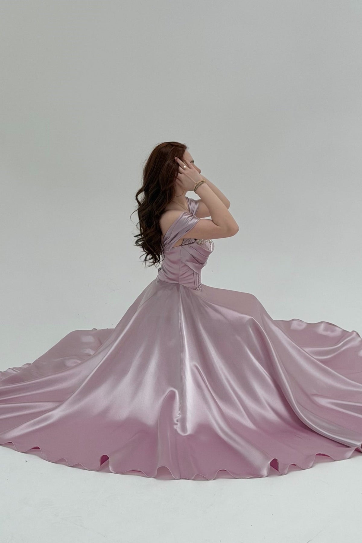 Graceful Chocolate Off-the-Shoulder Satin Prom Dresses A-Line Gem With Lace-Up Back
