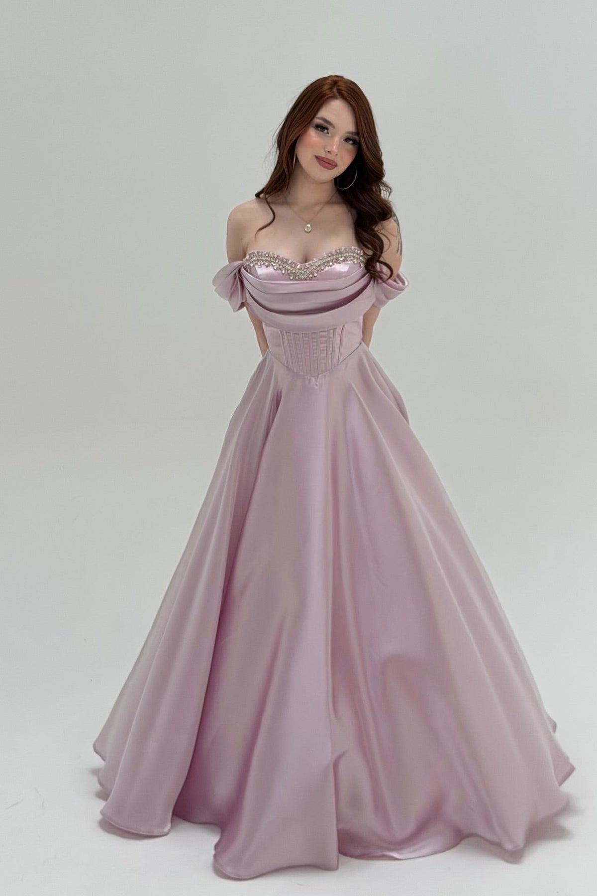 Graceful Chocolate Off-the-Shoulder Satin Prom Dresses A-Line Gem With Lace-Up Back