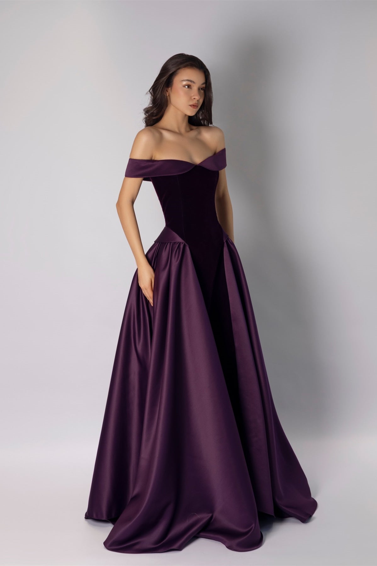 Glamorous Grape Off The Shoulder Satin Prom Dresses A-Line Floor Length With Pleats