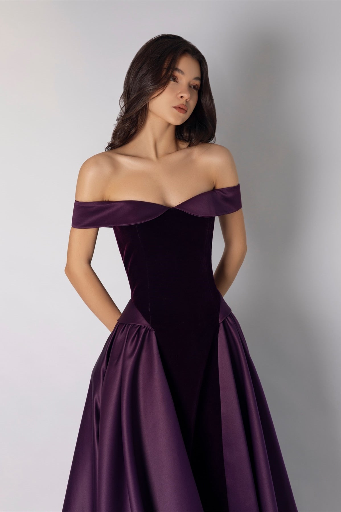 Glamorous Grape Off The Shoulder Satin Prom Dresses A-Line Floor Length With Pleats