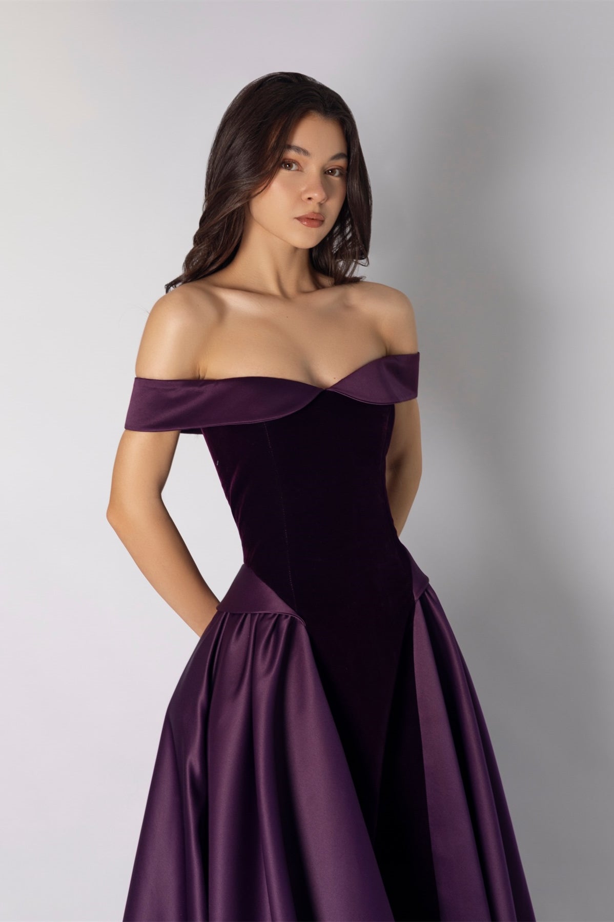 Glamorous Grape Off The Shoulder Satin Prom Dresses A-Line Floor Length With Pleats