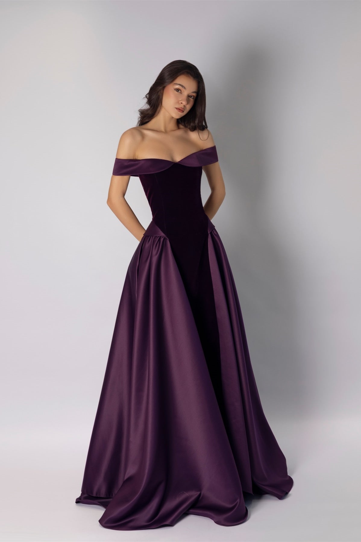Glamorous Grape Off The Shoulder Satin Prom Dresses A-Line Floor Length With Pleats