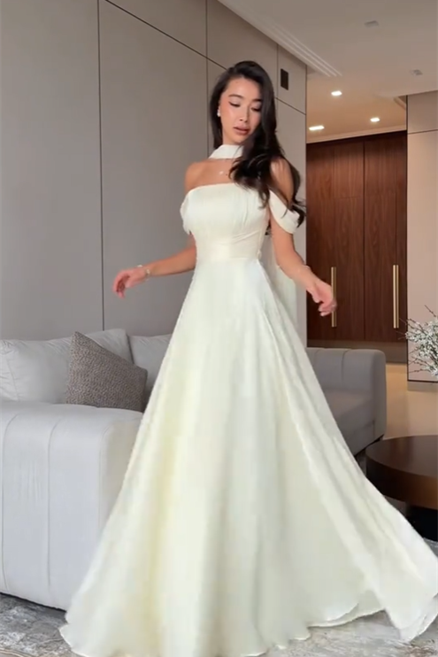 Graceful Off-the-Shoulder A-Line Prom Dresses Floor-Length With Pleats