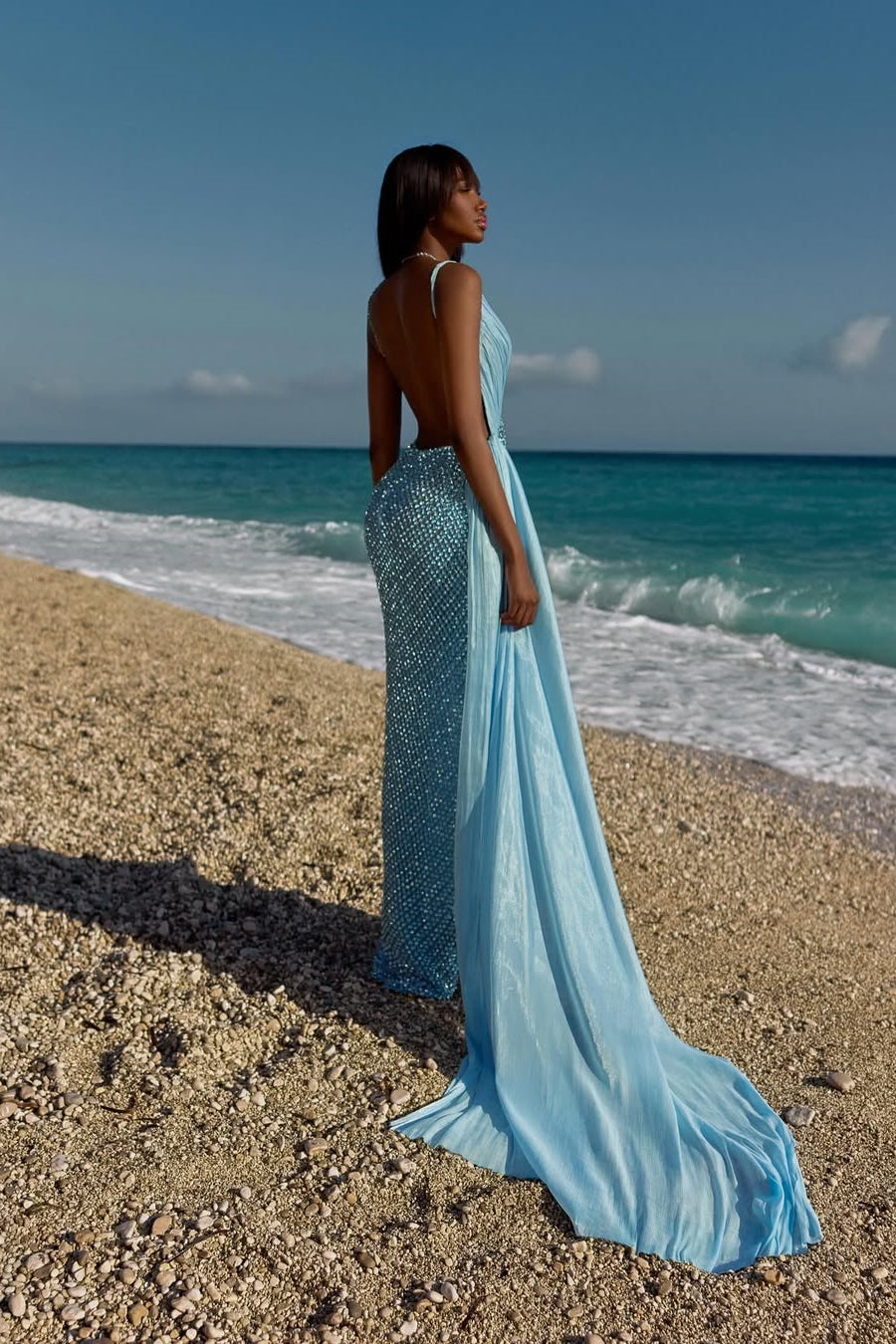 Graceful Blue V-Neck Spaghetti-Straps Sleeveless Prom Dresses Backless With High Split