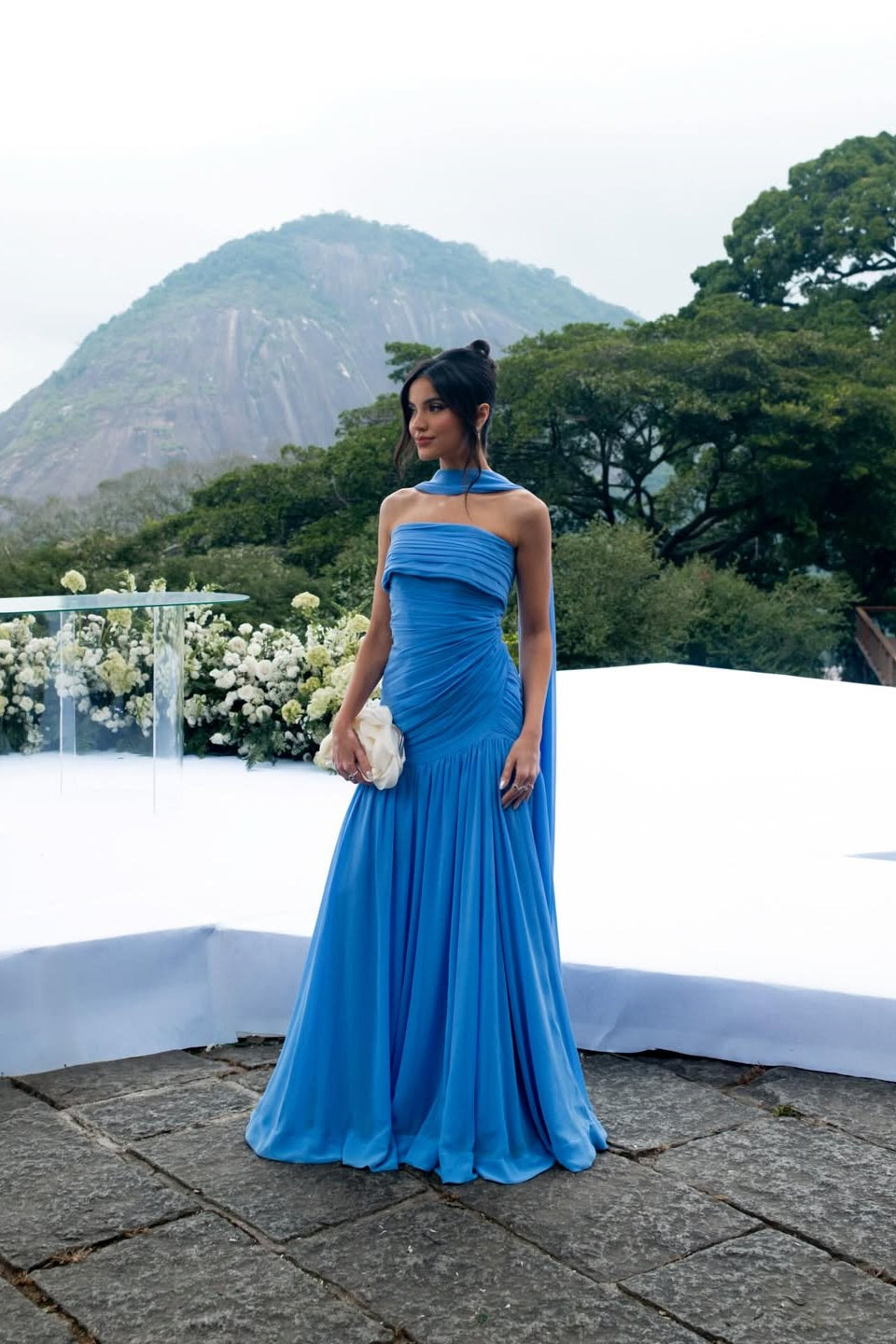 Elegant Blue Strapless Sleeveless Chiffon Prom Dresses Floor Length With Pleats Zipper