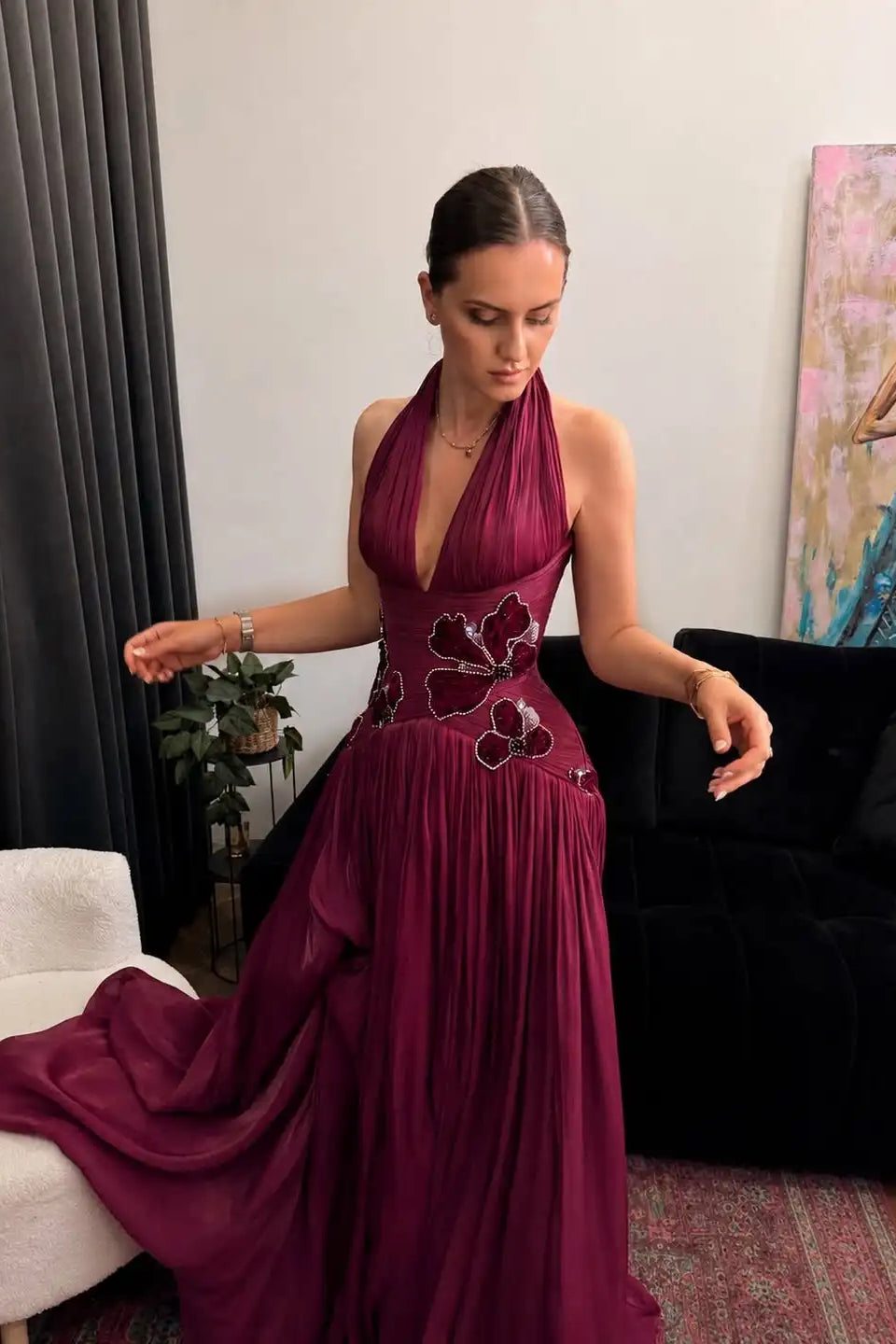 Elegant Halter V-Neck Sleeveless A-Line Prom Dresses Gem With Pleats