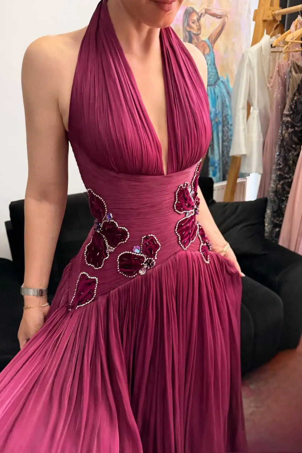Elegant Halter V-Neck Sleeveless A-Line Prom Dresses Gem With Pleats