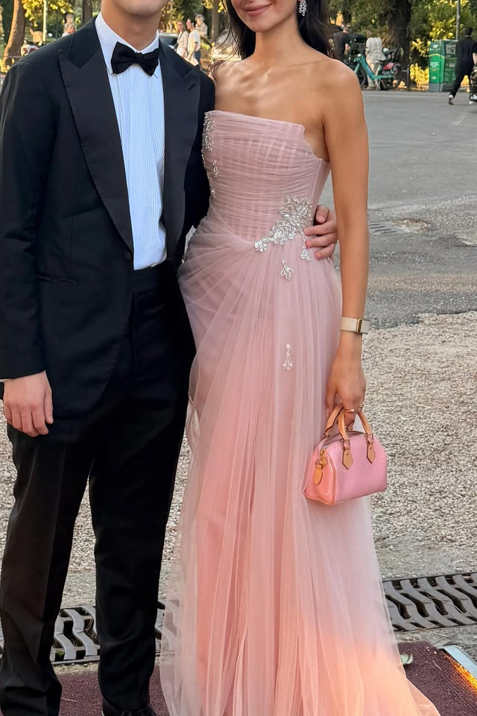 Pretty Pink Strapless Sleeveless Tulle Prom Dresses Gem Floor Length With Pleats