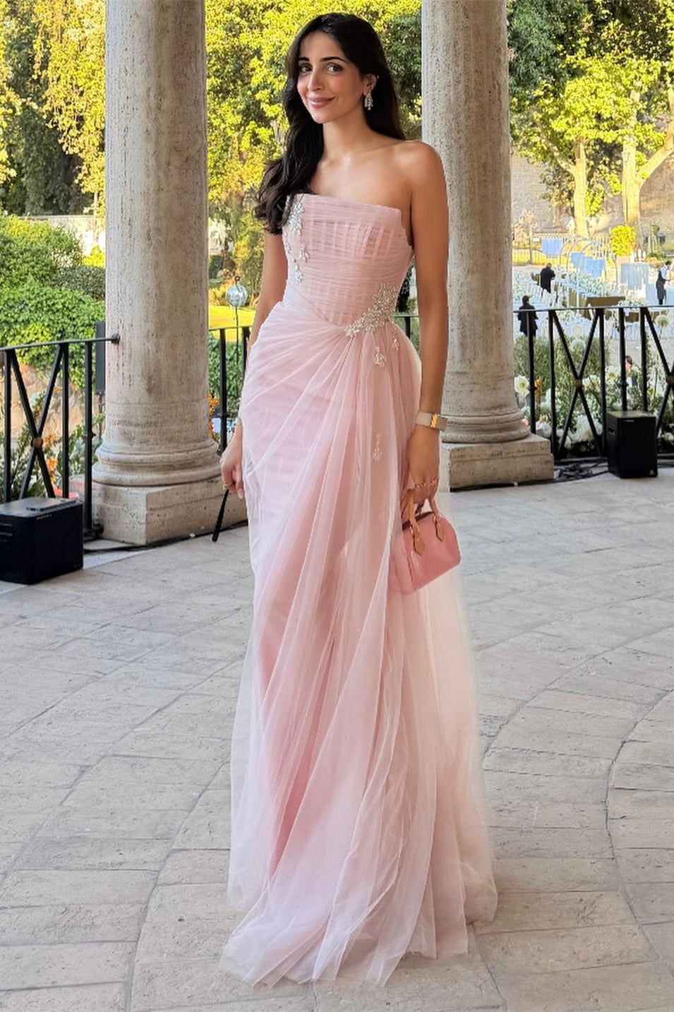 Pretty Pink Strapless Sleeveless Tulle Prom Dresses Gem Floor Length With Pleats