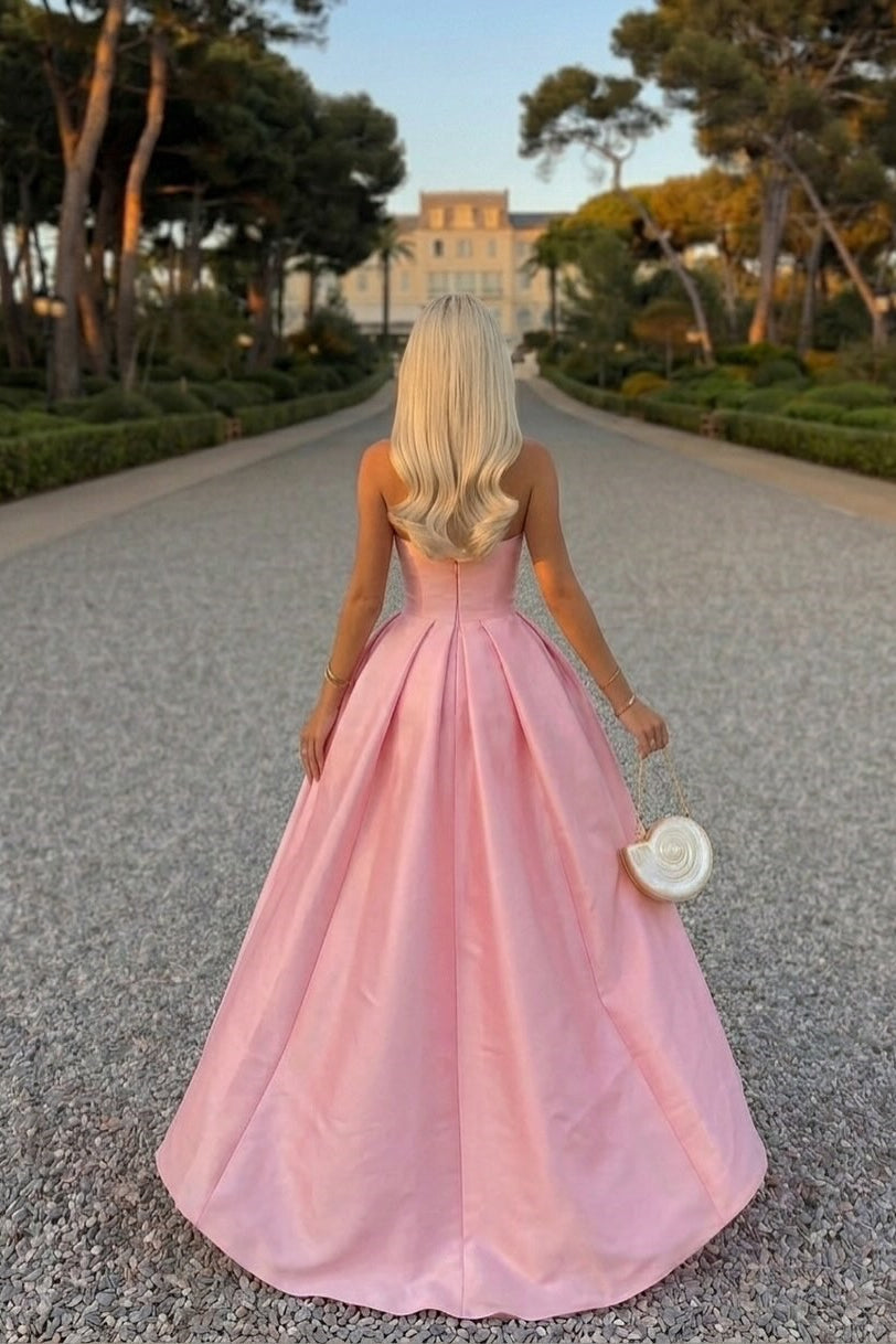 Glamorous Dusty Pink Strapless Sleeveless Satin Prom Dresses A-Line With Pleats Zipper