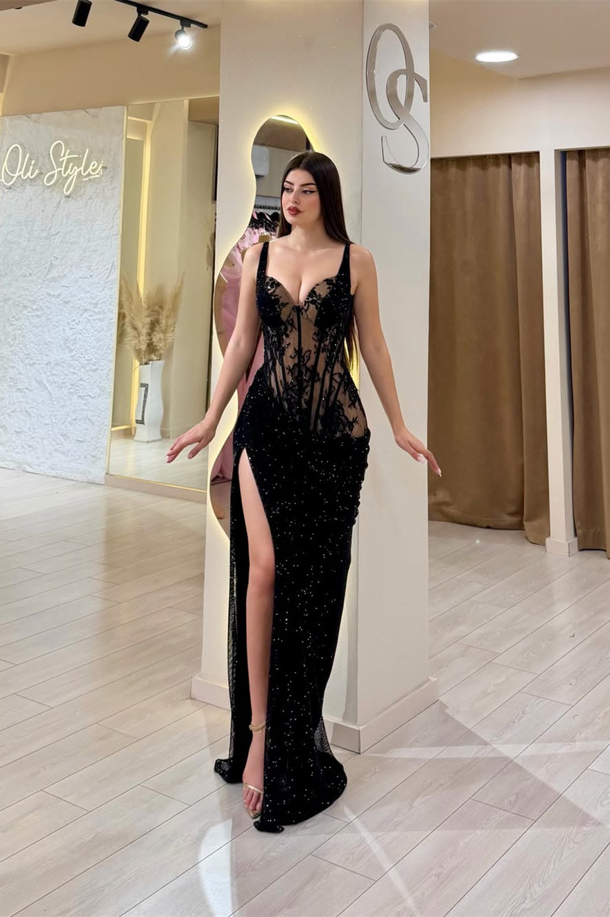 Romantic Black Sweetheart Straps Sleeveless Mermaid Prom Dresses Sheath With High Split