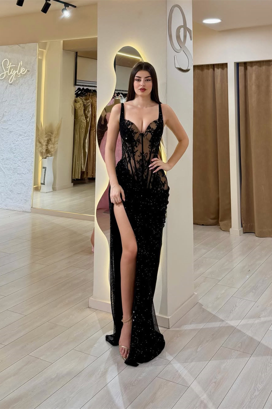 Romantic Black Sweetheart Straps Sleeveless Mermaid Prom Dresses Sheath With High Split