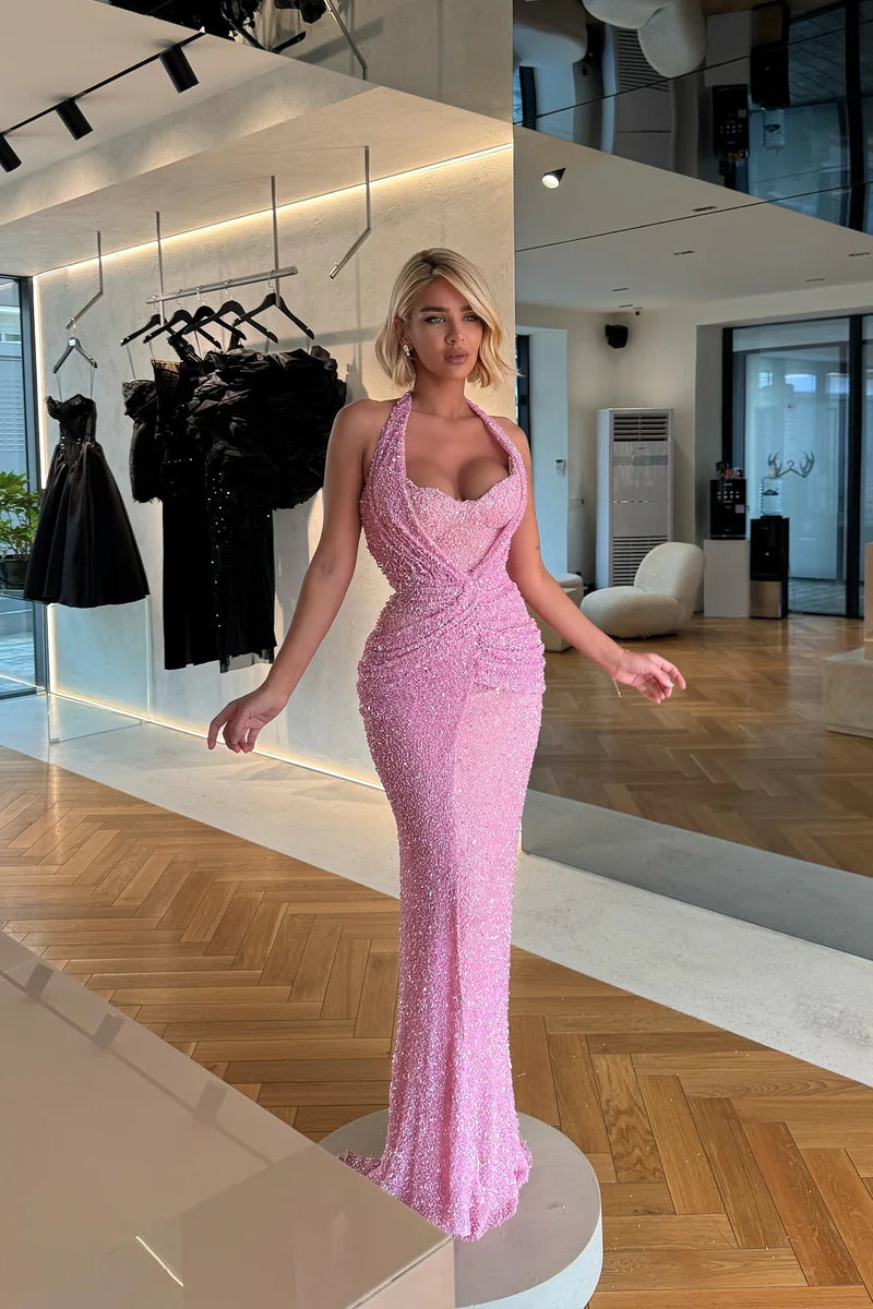 Charming Pink Halter Sleeveless Mermaid Prom Dresses Column Floor Length With Pleats