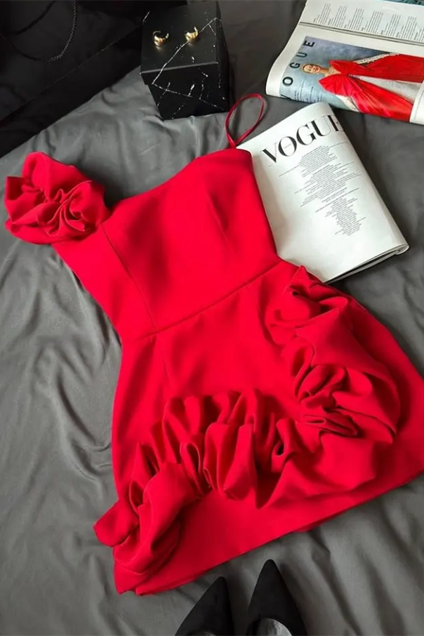 Pretty Red One Shoulder Satin Homecoming Dresses Mini With Pleats