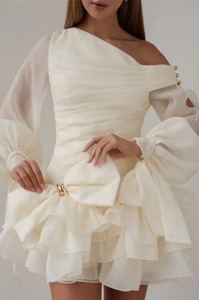 Elegant Long Sleeves Chiffon Homecoming Dresses Mini With Ruffles