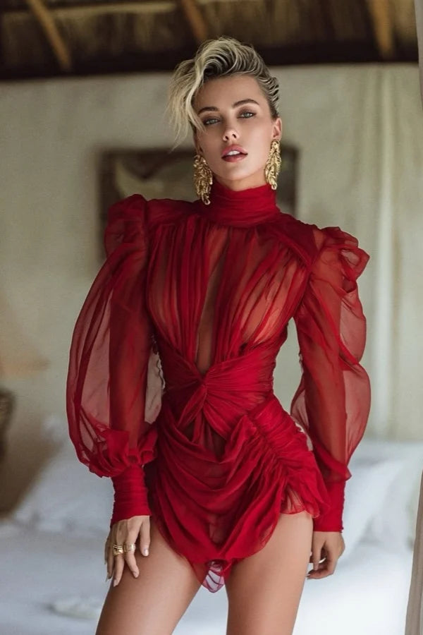 Romantic Burgundy High Collar Long Sleeves Homecoming Dresses Mini With Pleats