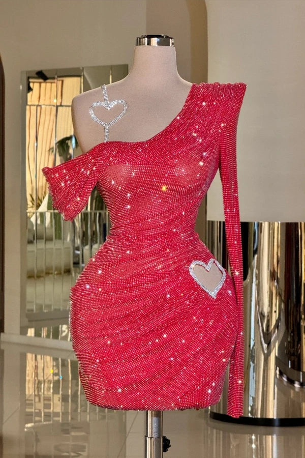 Romantic Red One-Shoulder Mermaid Homecoming Dresses Mini With Pleats