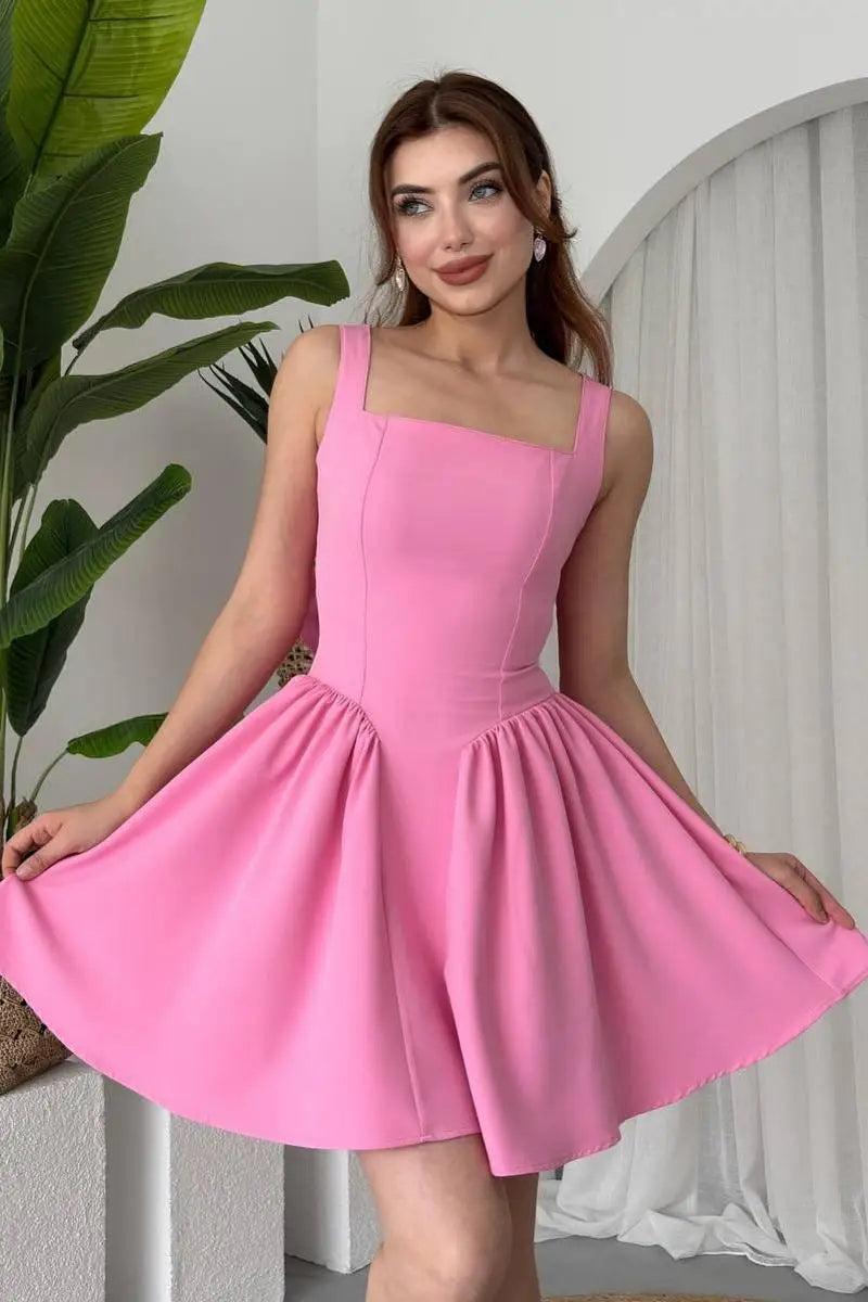 Pretty Pink Straps Sleeveless Satin Homecoming Dresses Mini With Pleats