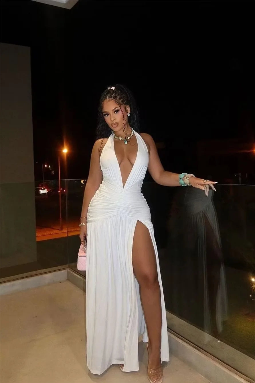 Timeless Halter V-Neck Sleeveless Prom Dresses High Split With Pleats