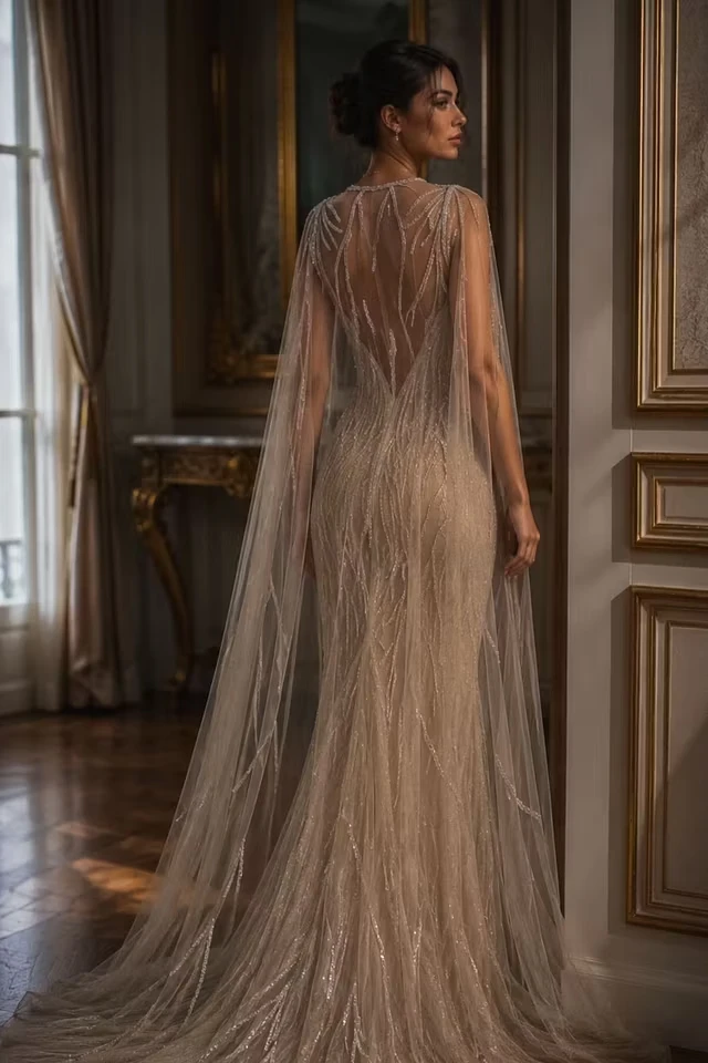 Romantic V-Neck Sleeveless Sequins Mermaid Prom Dresses Column Backless With Cape