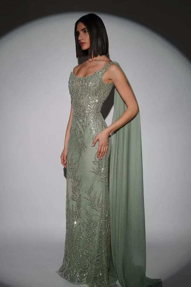 Glamorous Dusty Sage One-Shoulder Sleeveless Mermaid Prom Dresses Sheath Sequins With Beads