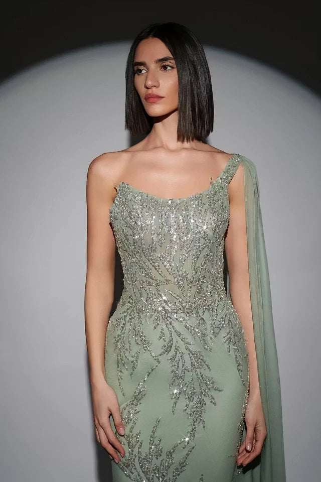 Glamorous Dusty Sage One-Shoulder Sleeveless Mermaid Prom Dresses Sheath Sequins With Beads