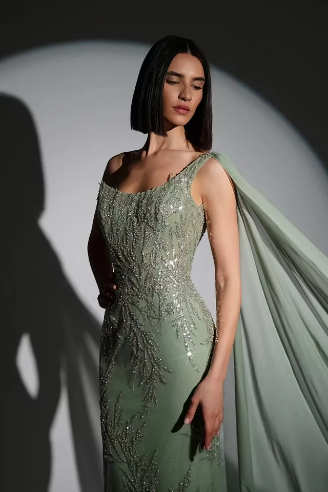 Glamorous Dusty Sage One-Shoulder Sleeveless Mermaid Prom Dresses Sheath Sequins With Beads
