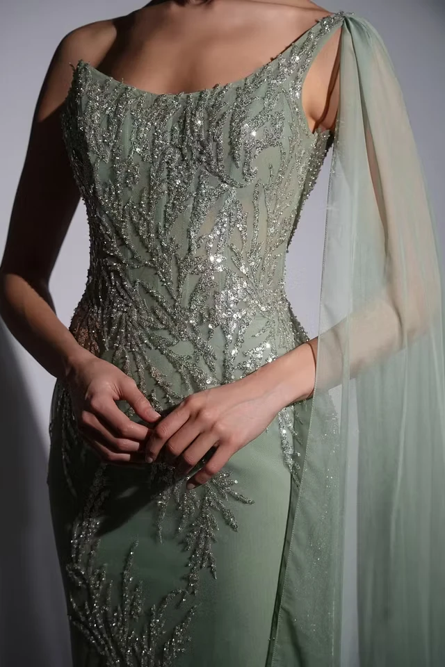 Glamorous Dusty Sage One-Shoulder Sleeveless Mermaid Prom Dresses Sheath Sequins With Beads