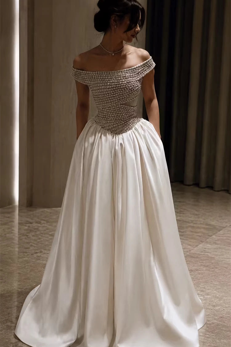 Graceful Off-the-Shoulder Satin Prom Dresses A-Line Gem Pockets With Pleats Zipper
